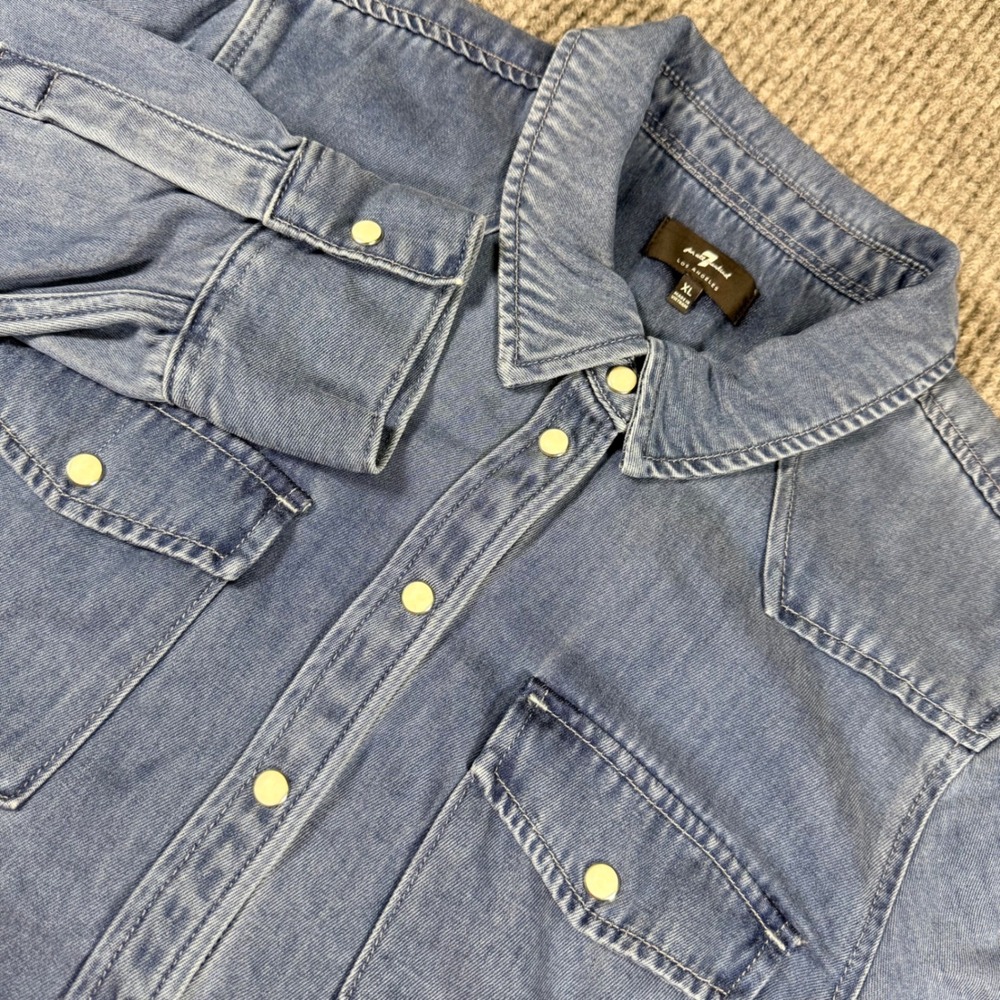 7 For All Mankind Western Denim Shirt Mens XL Blue Pearl Snap Cowboy